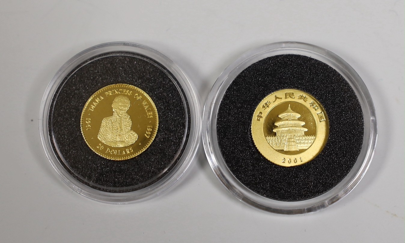 China coins - gold 20 yuan 'panda' 2001 and Tuvalu gold $20, Princess Diana 1997